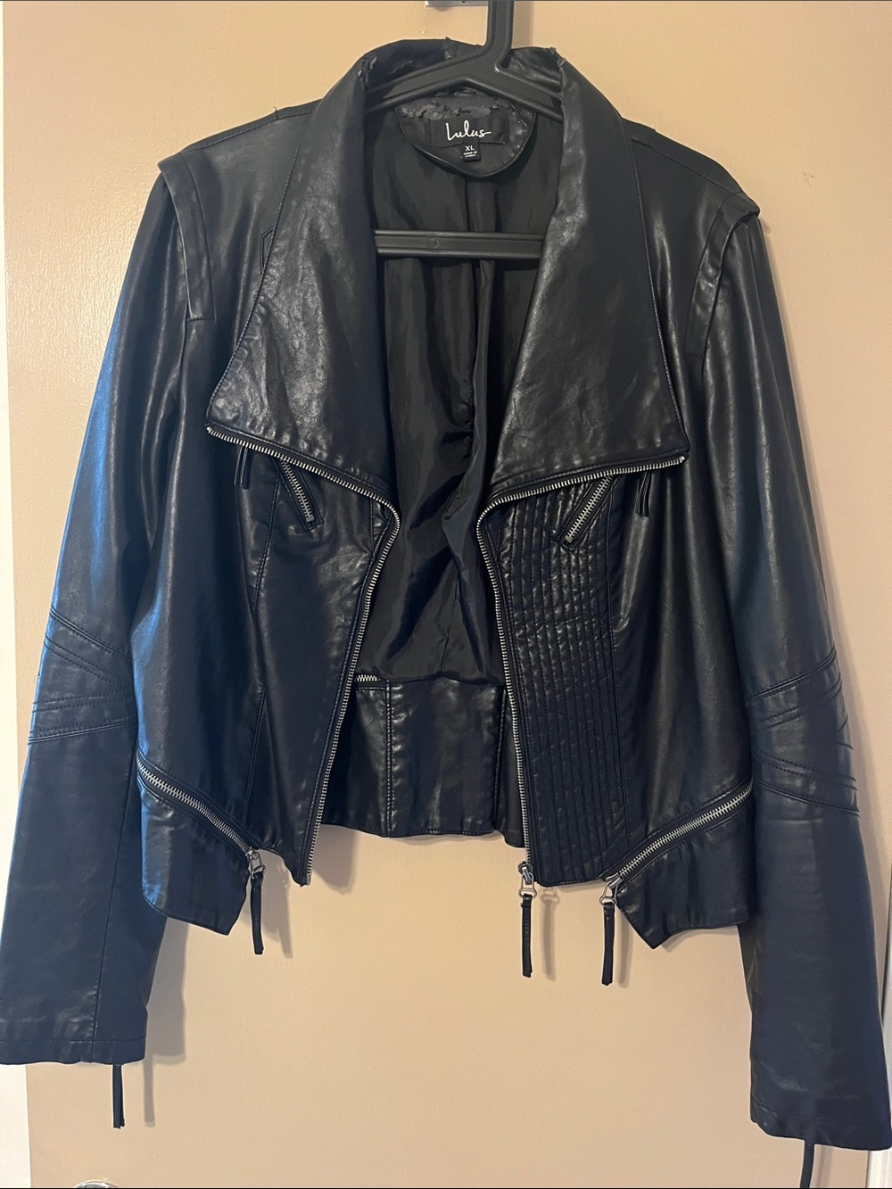 Lulu's Black Faux Leather Moto Jacket with Quilted Panel
